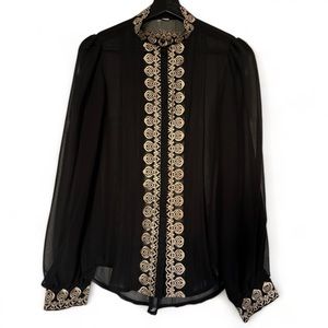Black sheer fabric tunic style dress shirt with gold embrodered trim